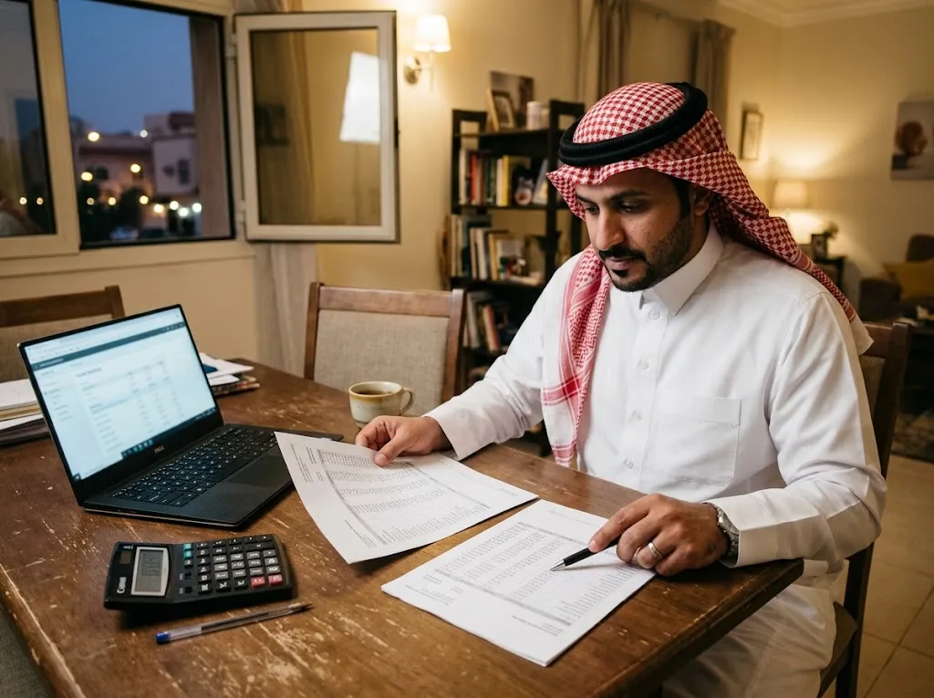 شراء مديونية: رجل سعودي يقارن كشفين حساب بنكيين على طاولة بيته مع حاسبة ولابتوب