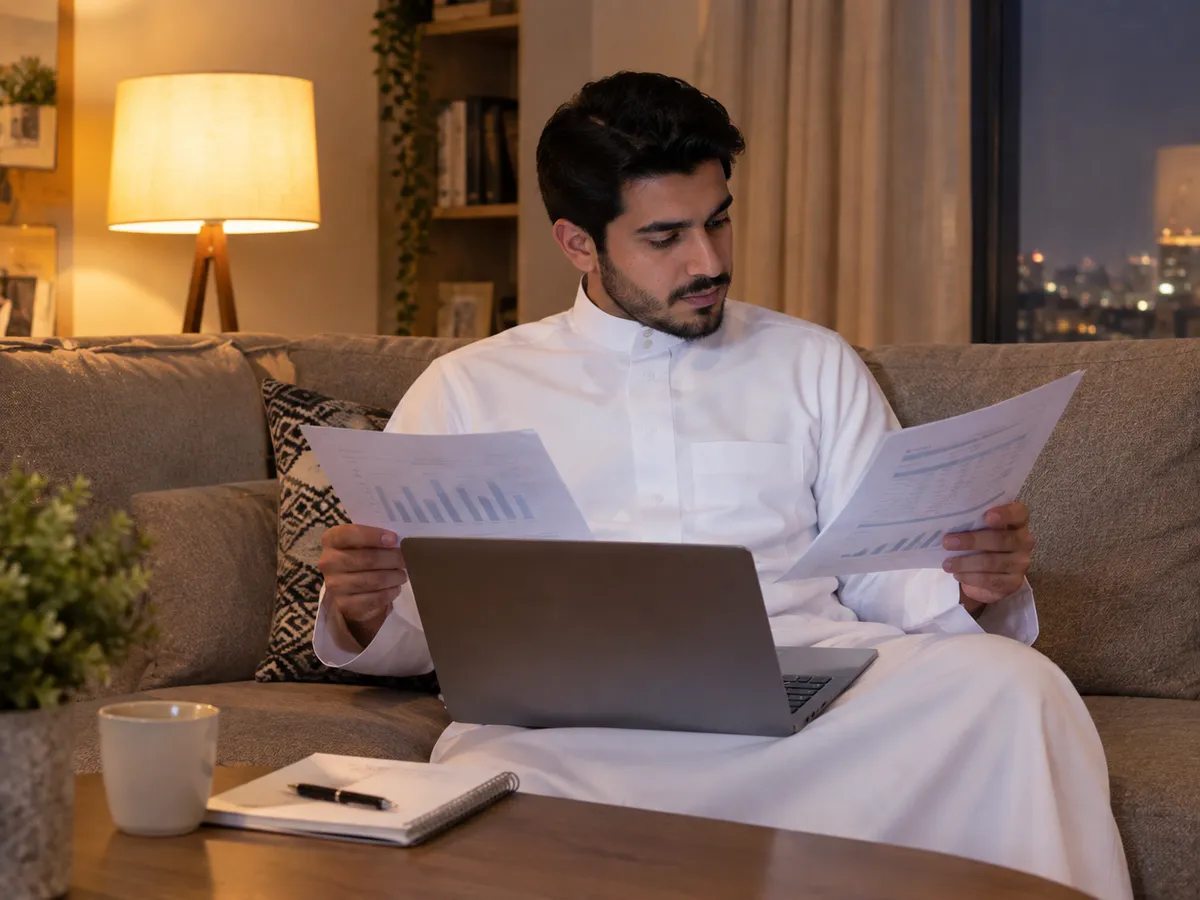 شراء مديونية بنك الإنماء: موظف سعودي شاب يقارن أرقام على لابتوب في بيته بالليل