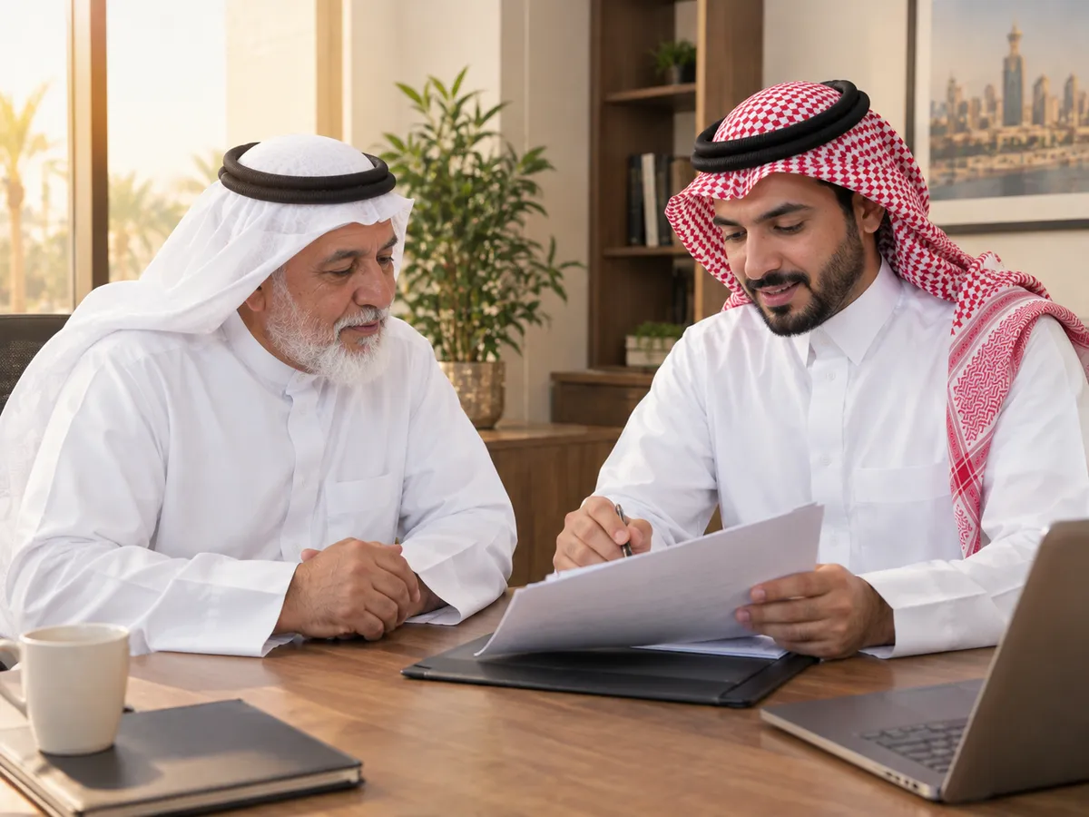 شراء مديونية بنك الرياض: رجل سعودي متقاعد يراجع أوراقه مع مستشار في مكتب