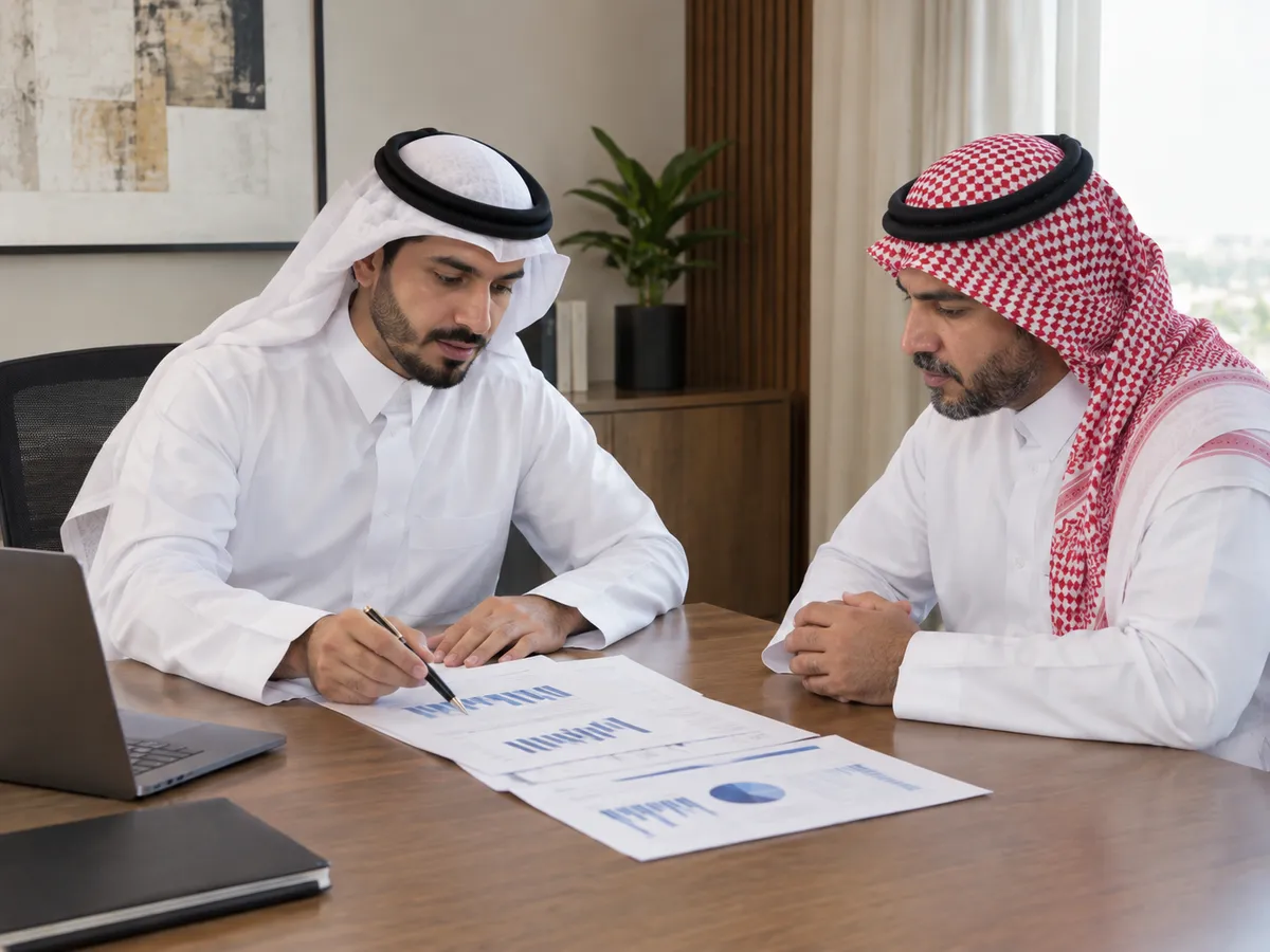 سداد متعثرات: مستشار سعودي يراجع مع عميله تقرير ائتماني مطبوع على المكتب