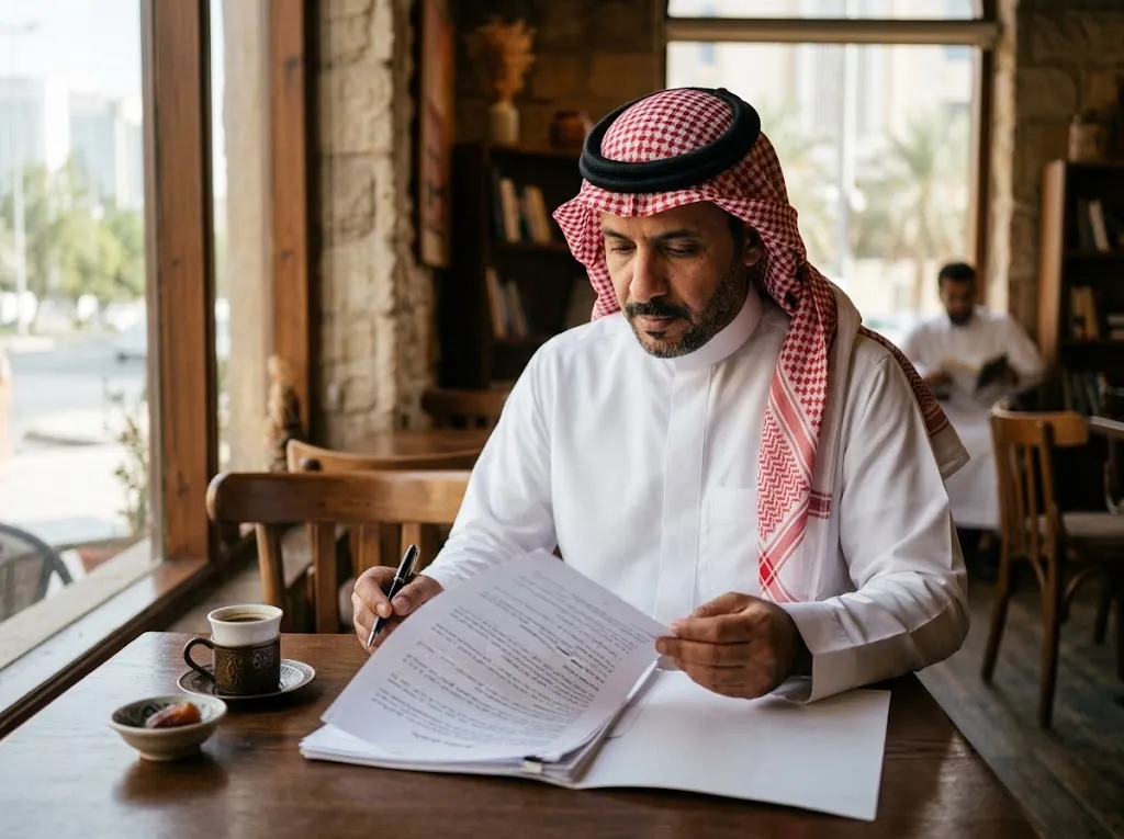 شراء مديونية بنك الاهلي: رجل سعودي يقرا عقد تمويل في مقهى وقدامه فنجال قهوة