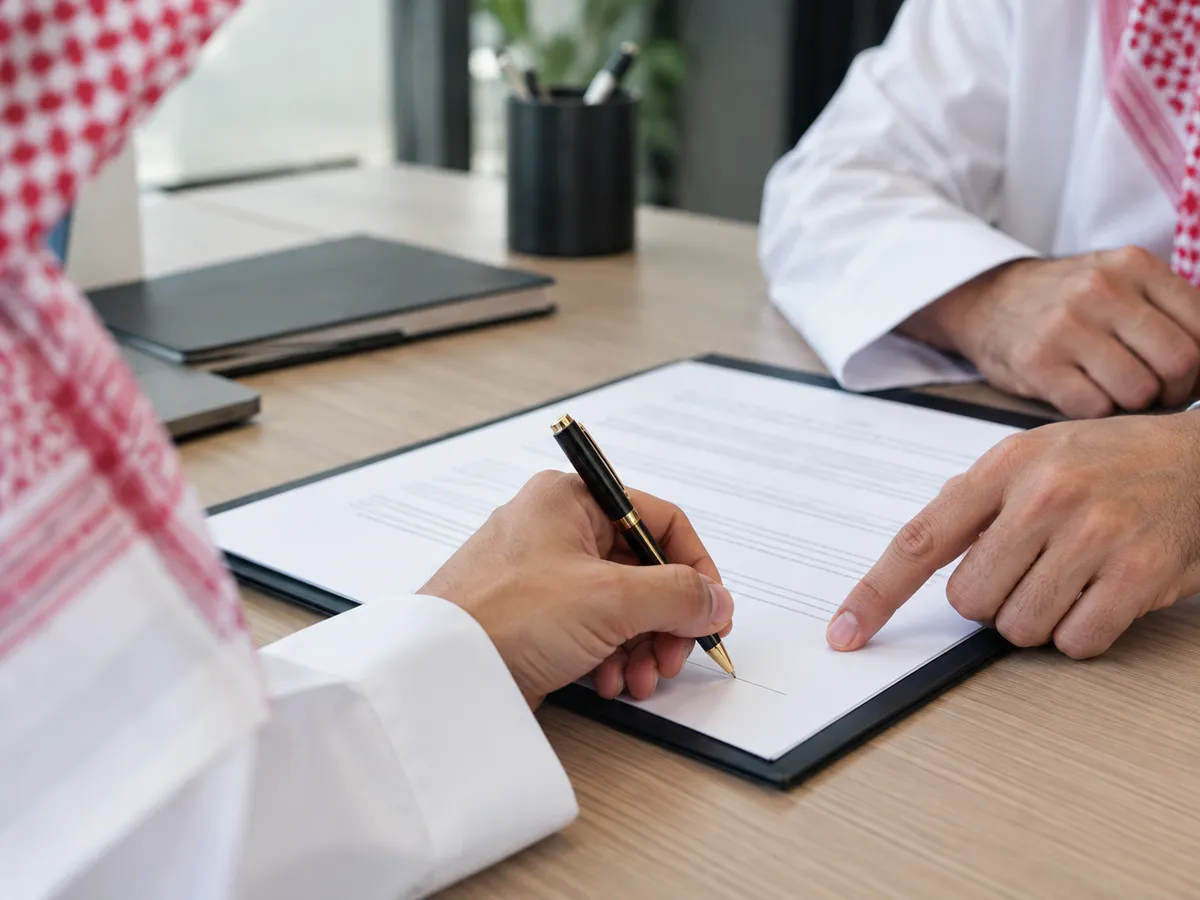 شراء مديونية بنك الراجحي: يد رجل سعودي بالثوب توقّع عقد تمويل على مكتب والمستشار يشير لخانة التوقيع