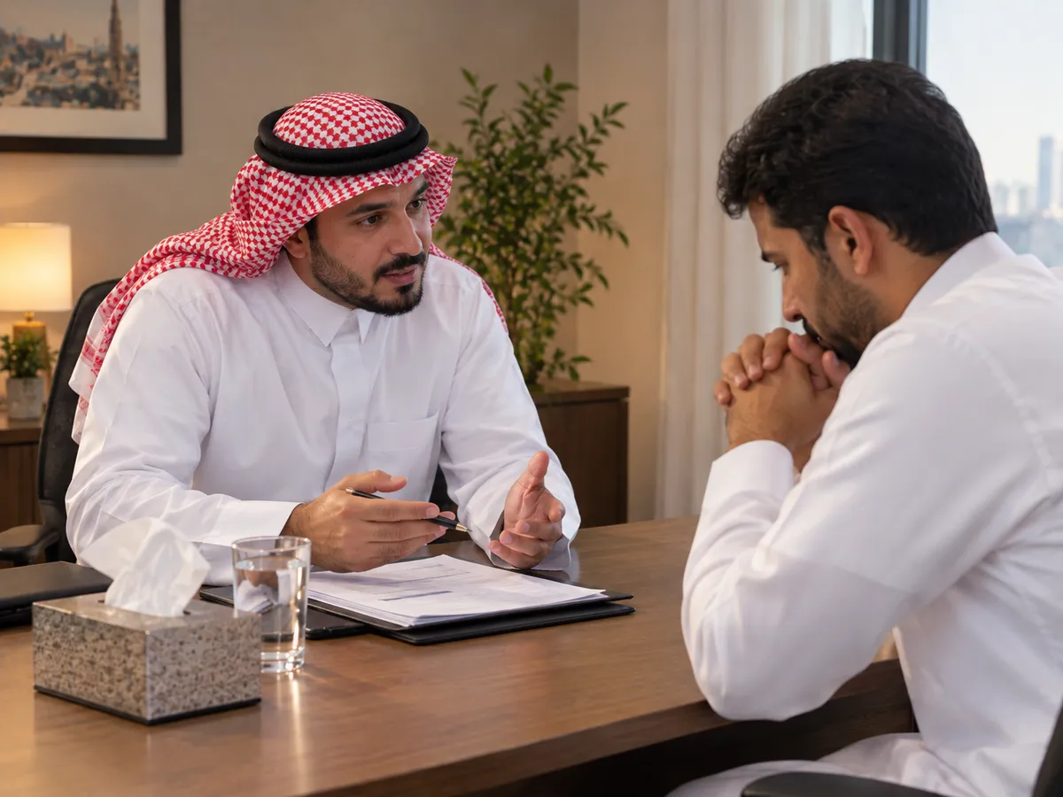مكتب سداد متعثرات: مستشار سعودي يشرح بهدوء لعميل قلقان وضعه في مكتب