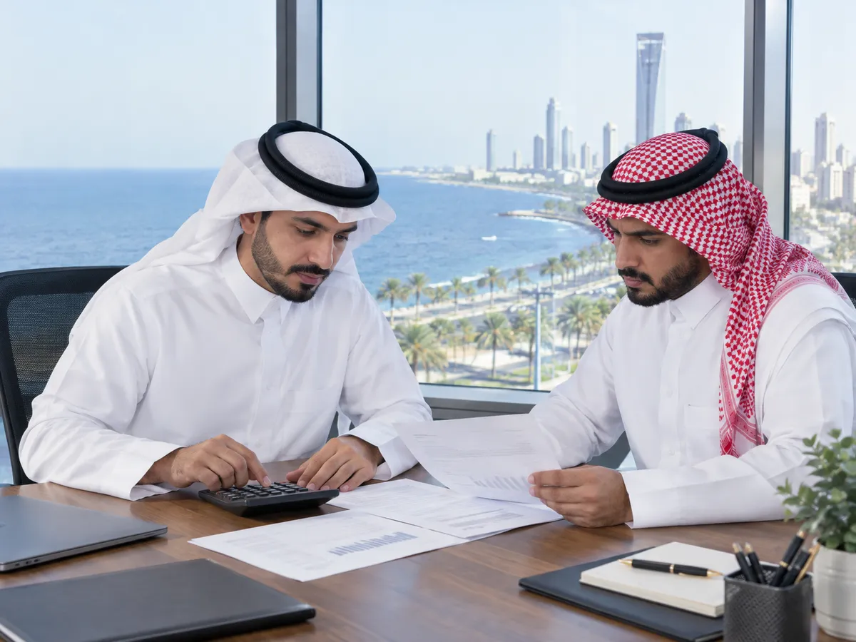 سداد قروض جدة: مستشار وعميل سعودي يحسبون بالحاسبة في مكتب يطل على كورنيش جدة