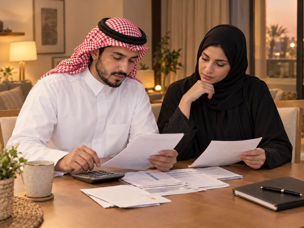 تسديد قروض ومتعثرات: زوجين سعوديين على طاولة البيت يراجعون أوراق قرض وفواتير