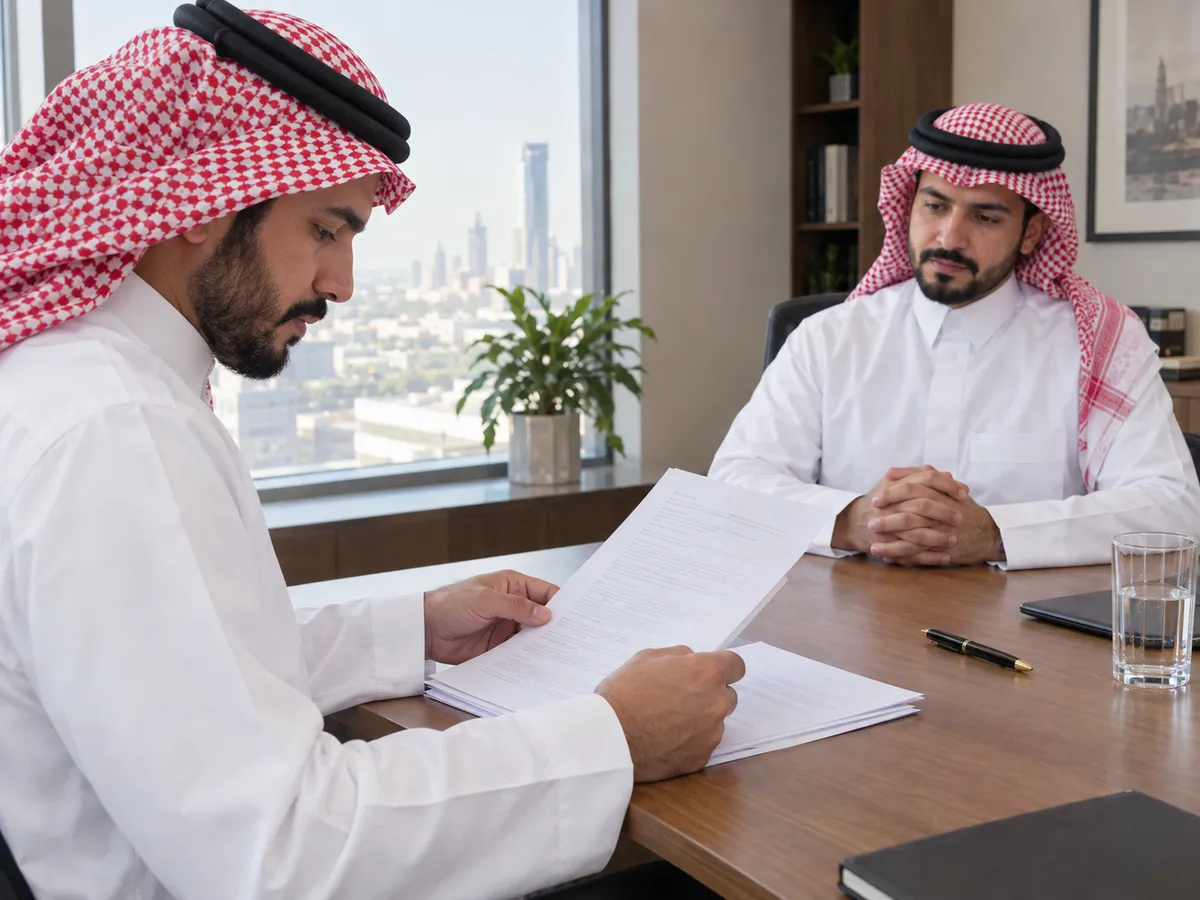 مكتب تسديد قروض: عميل سعودي يقرا بنود عقد مطبوع والمستشار جالس ينتظره