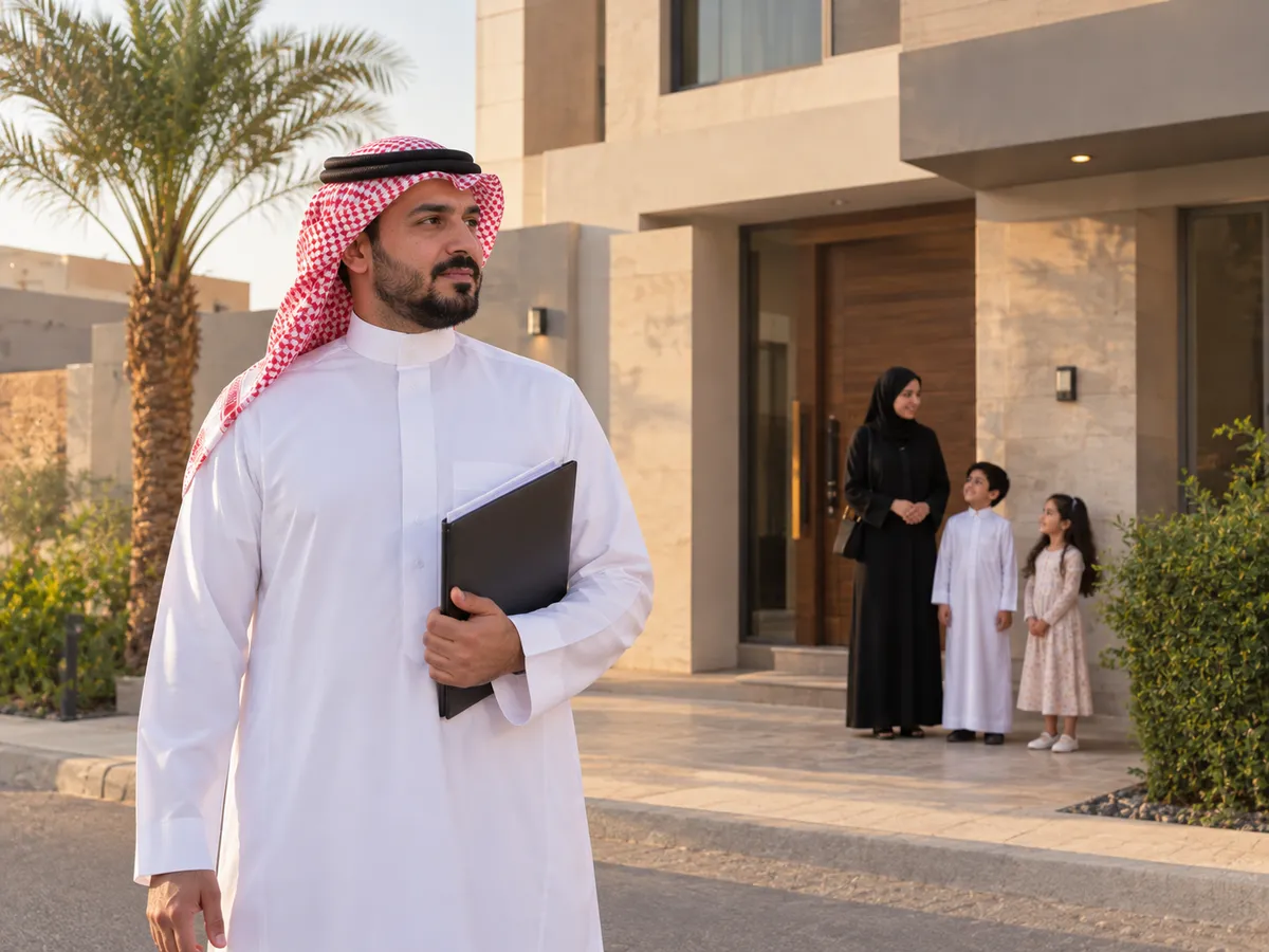 شراء مديونية العقاري: أب سعودي واقف قدام فلته مع عايلته وبيده ملف أوراق