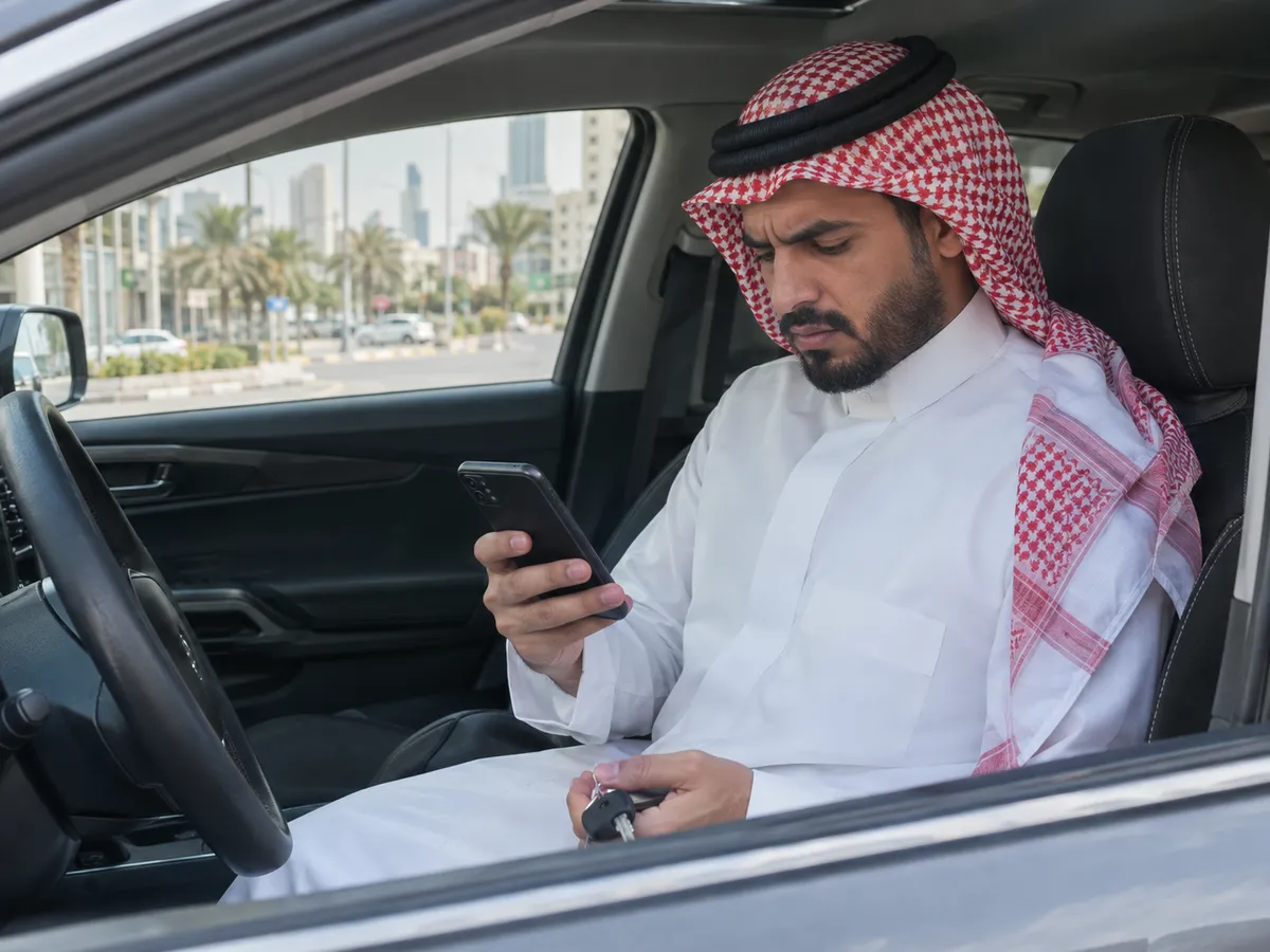 تسديد المخالفات: رجل سعودي في سيارته المتوقفة يراجع جواله وبيده مفتاح السيارة