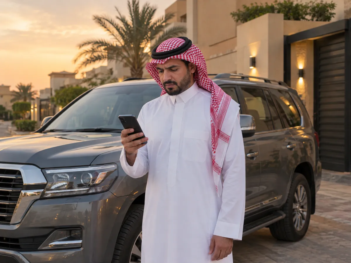 سداد مخالفات: أب سعودي بالثوب واقف جنب سيارة العايلة قدام البيت يشوف جواله