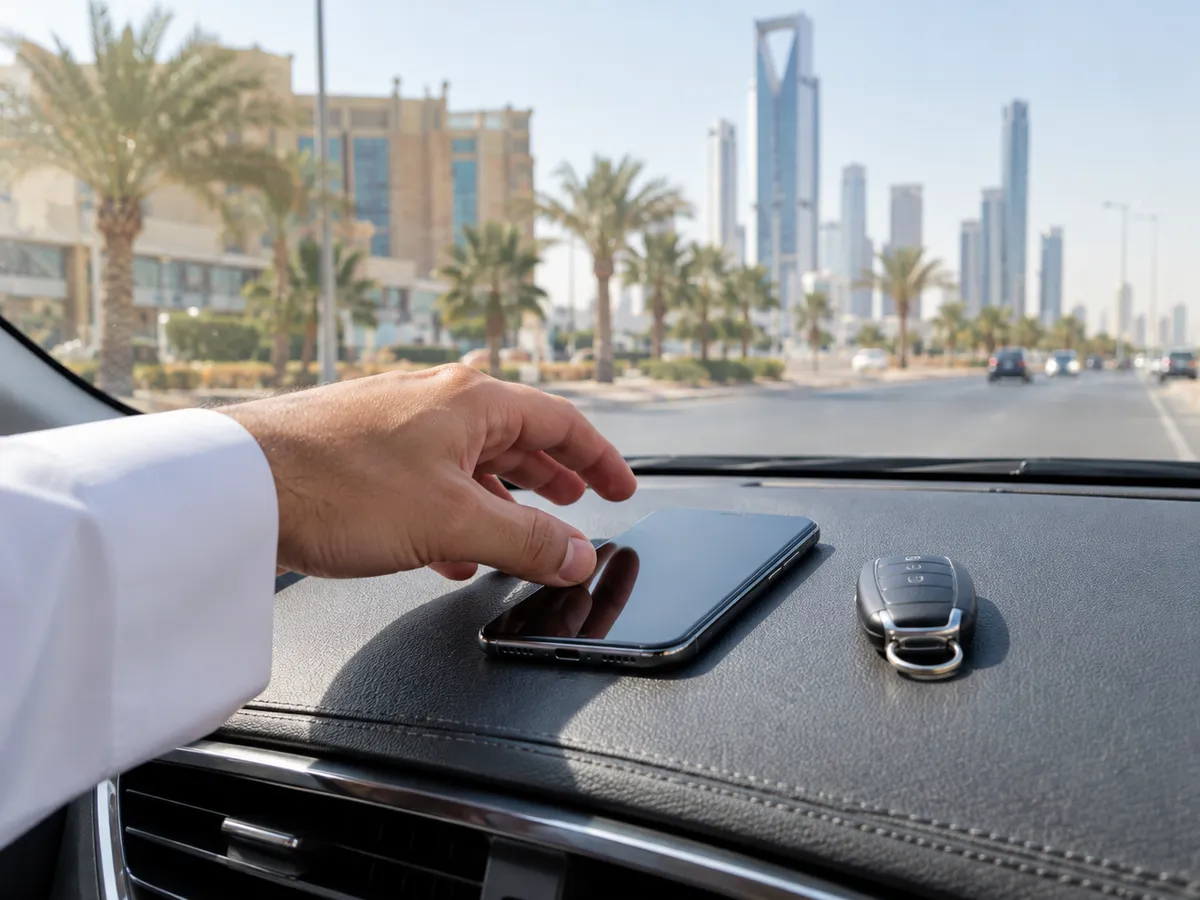 تسديد المخالفات المرورية: جوال ومفتاح سيارة على طبلون سيارة متوقفة في شارع سعودي